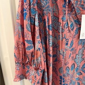 Rose & Olive Pink Floral Smocked Blouse with Blue Print